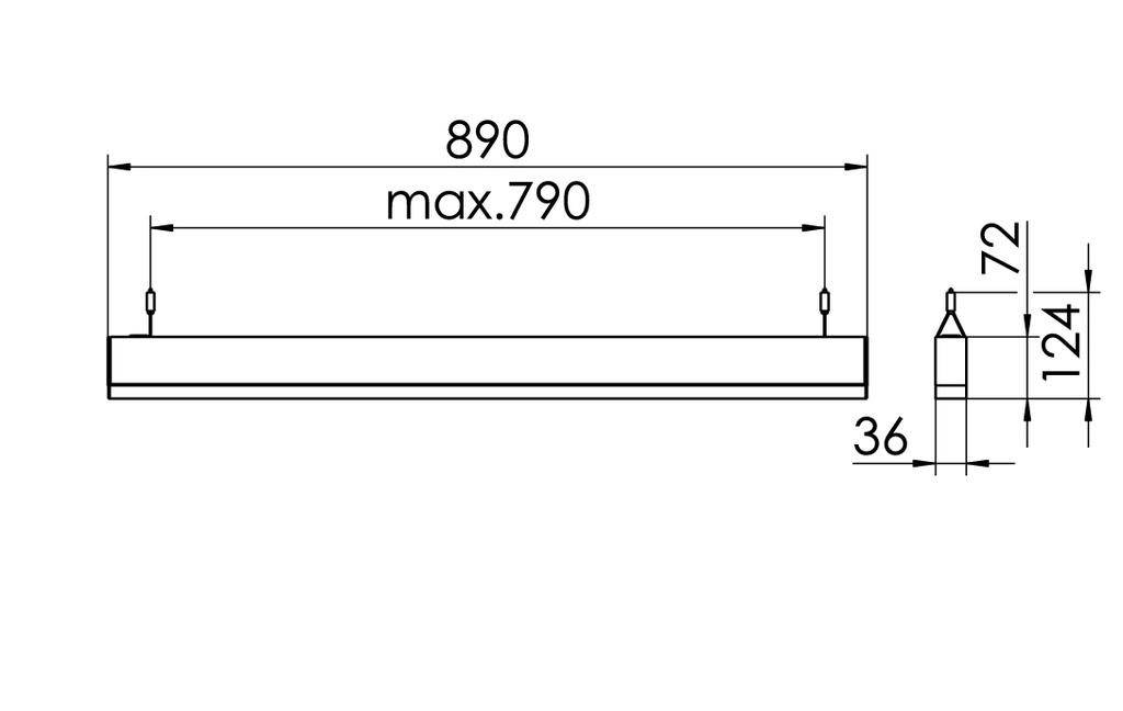 Rysunek techniczny lampy wiszącej o następujących wymiarach: długość 890 mm, maksymalna długość zawieszenia 790 mm, wysokość 124 mm, szerokość 36 mm.