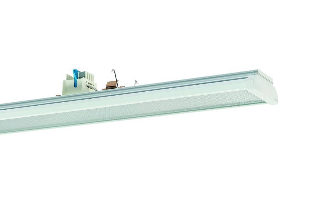 Lampa LED w podłużnym kształcie z widocznymi elementami elektronicznymi na górnej powierzchni, na białym tle.