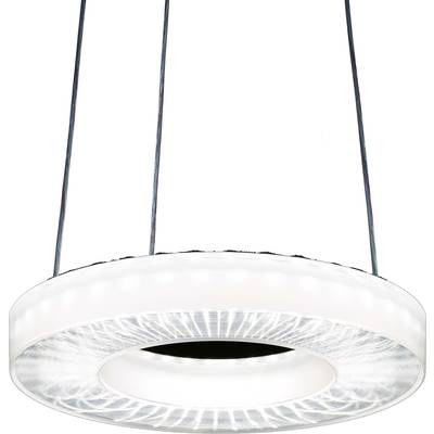 Nowoczesna, okrągła, wisząca lampa z przezroczystą krawędzią, zawieszona na cienkich przewodach.