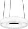 Nowoczesna, okrągła, wisząca lampa z przezroczystą krawędzią, zawieszona na cienkich przewodach.