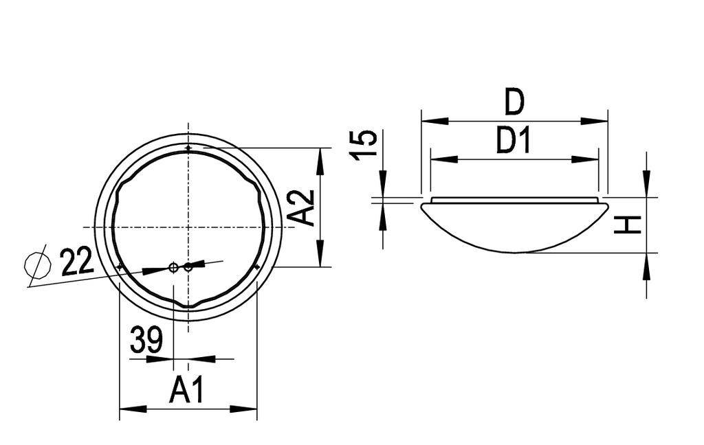 Rysunek techniczny elementu w postaci płaskiej, tarczowatej powłoki o wymiarach: średnica 22 mm, wysokość 15 mm.