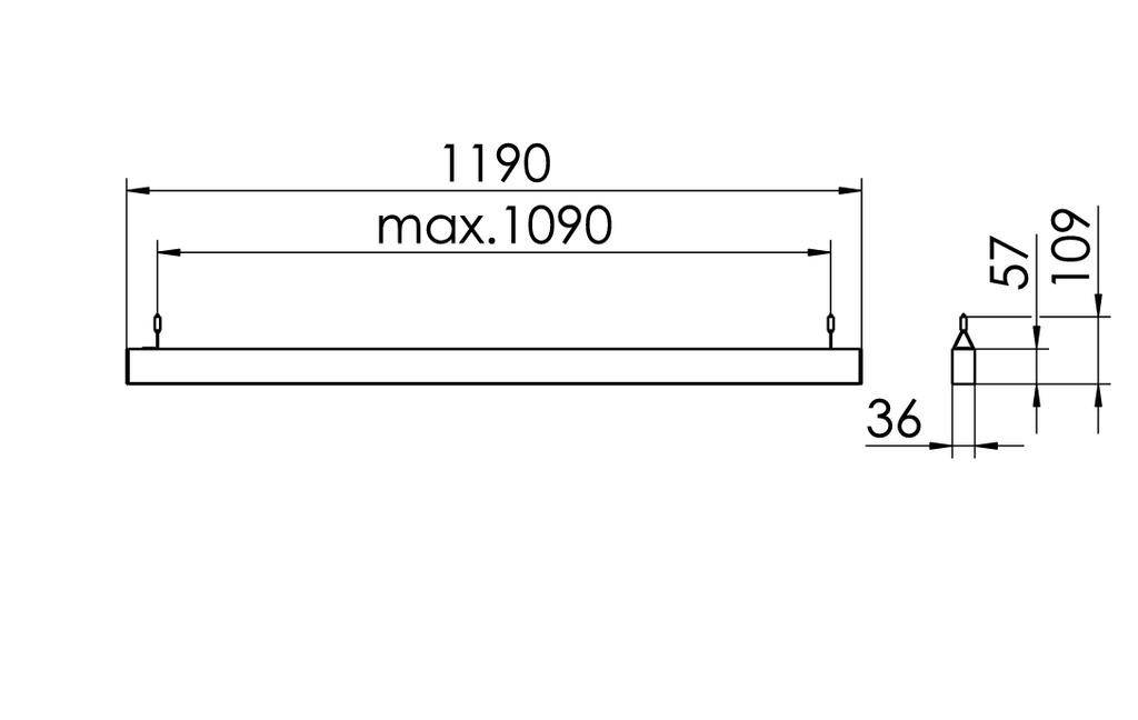 Rysunek lampy wiszącej z wymiarami: długość 1190 mm, maksymalna długość 1090 mm, wysokość 57 mm, szerokość 36 mm.