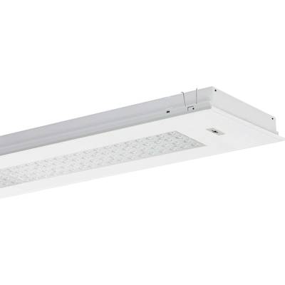 Lampa sufitowa LED z prostokątną, białą obudową i wieloma małymi diodami LED; nowoczesny design do oświetlenia biurowego.
