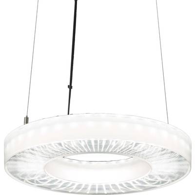 Okrągła, nowoczesna lampa wisząca o transparentnym i białym designie, zawieszona na dwóch kablach. Idealna do wnętrz w stylu współczesnym.