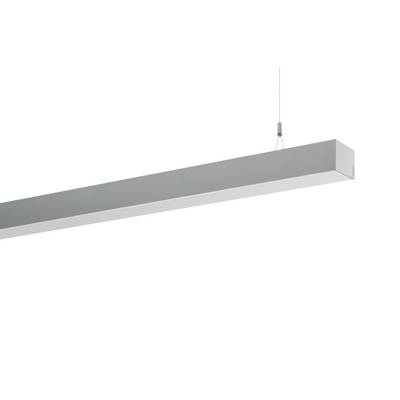 Prosta, podłużna lampa sufitowa w nowoczesnym stylu, wisząca na cienkim przewodzie, na białym tle.