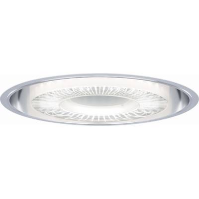 Okrągła lampa LED montowana na suficie z srebrną ramką i strukturyzowanym, odblaskowym wnętrzem.