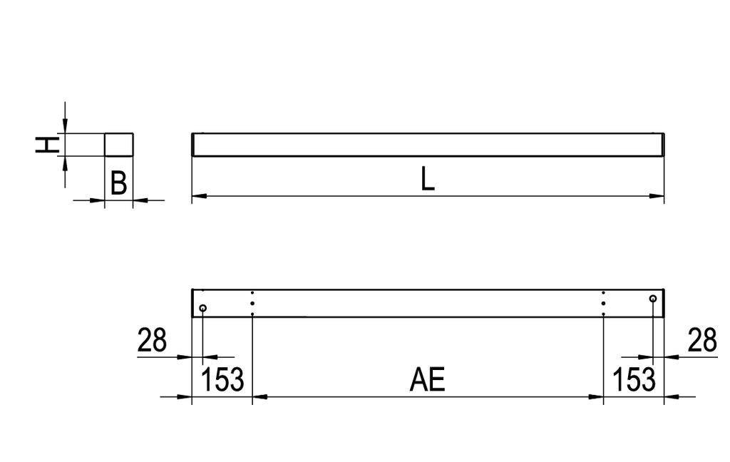 Rysunek techniczny prostokątnej pręgi. Wymiary: szerokość (B), długość (L), odległość między dwoma punktami (AE) oraz wysokość małego odcinka.
