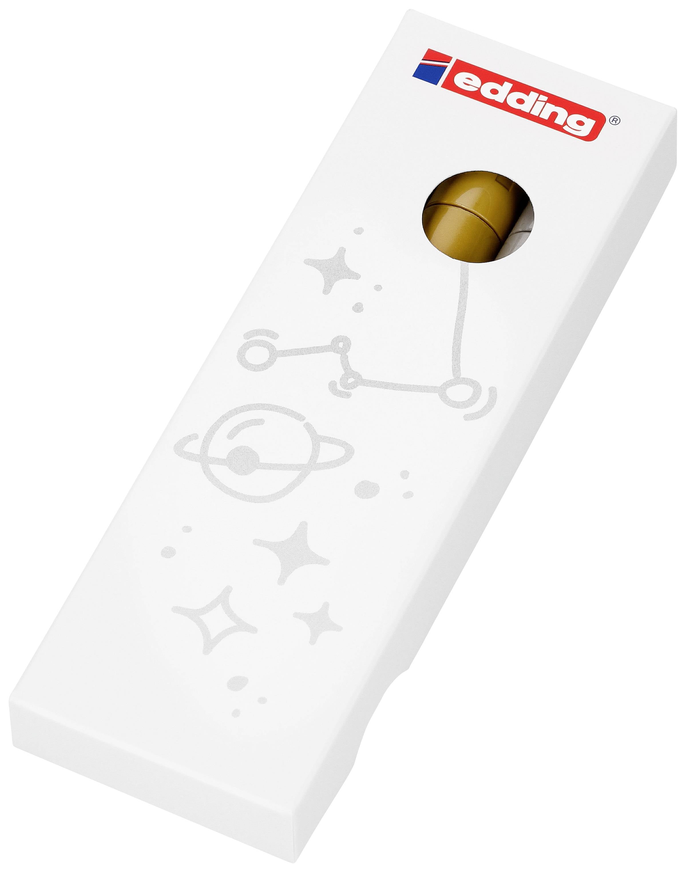 Opakowanie Edding z brązowym markerem. Na opakowaniu znajdują się stylizowane gwiazdy i planety.