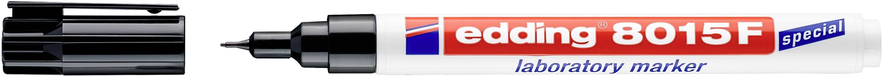 Czarny marker permanentny z odkręconą nasadką, z napisem 'edding 8015F laboratory marker' na białym korpusie.