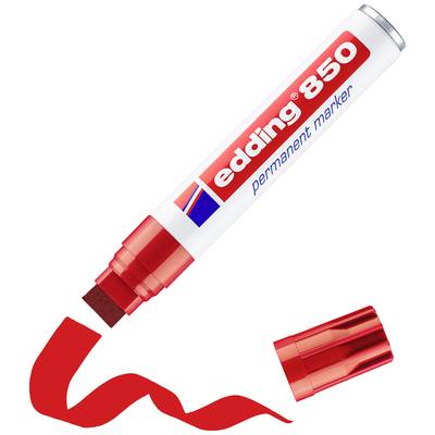 Marker permanentny Edding 850 w kolorze czerwonym z odkręconą nakrętką, kreśli czerwoną linię.