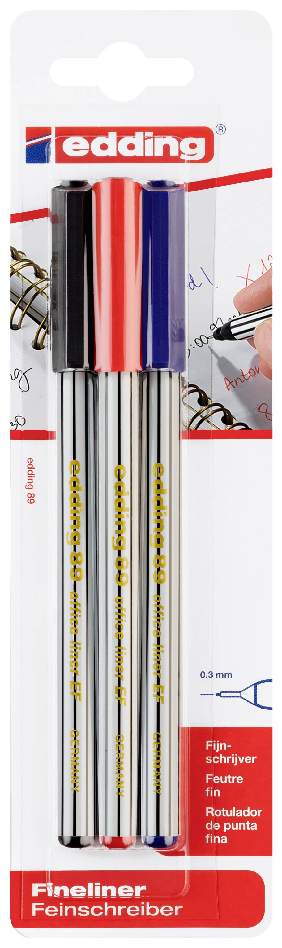 Trzy pisaki Edding w kolorach czarnym, czerwonym i niebieskim w opakowaniu blister. Oznaczone jako 'Fineliner' z końcówką 0,3 mm.