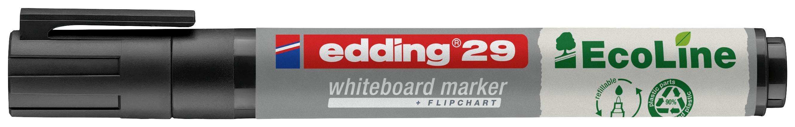 Szary marker do tablic suchościeralnych z napisem 'edding 29 EcoLine'. Odpowiedni do ekologicznego pisania na tablicach białych i flipczartach.
