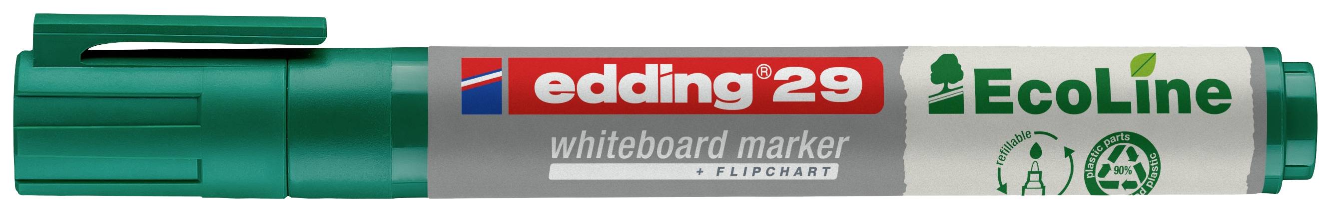 Zielony marker whiteboard firmy Edding EcoLine z czerwonym i zielonym nadrukiem, odpowiedni do tablic suchościeralnych i flipchartów.