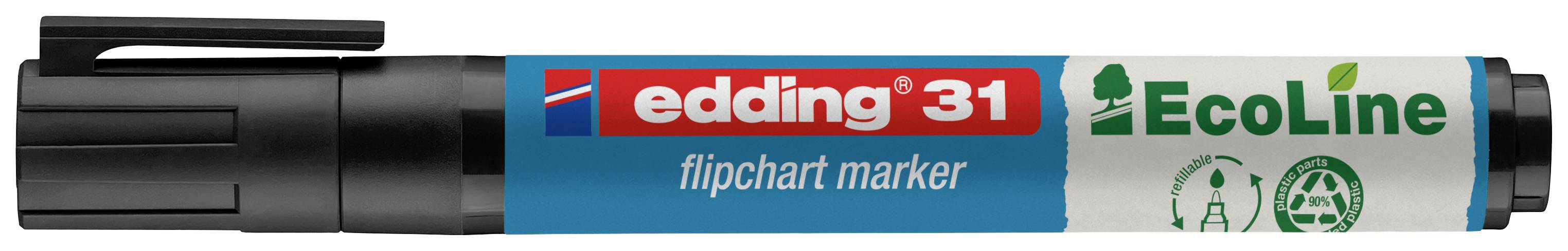Marker edding 31 EcoLine do flipchartów w czarnej nakładce i niebieskiej obudowie, przeznaczony do tablic flipchartowych, należący do przyjaznej środowisku linii produktowej.