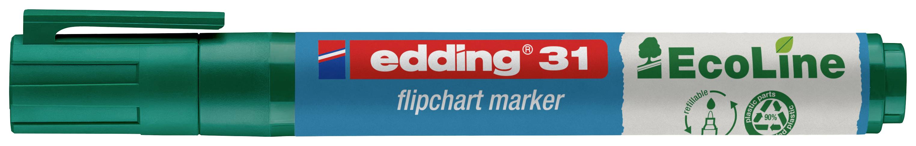 Zielony marker Edding 31 do flipchartów z serii EcoLine, z nadrukowanym logo i oznakowaniem ekologicznym.