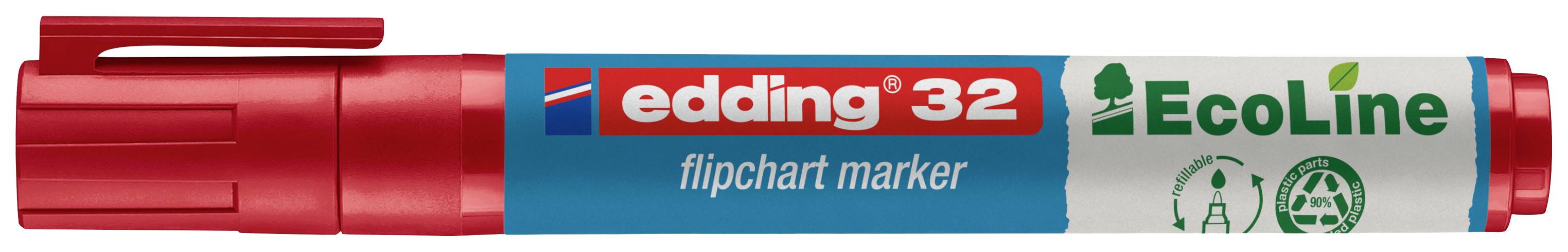 Czerwony marker do flipchartów firmy edding, model 32 z serii EcoLine, podkreśla zrównoważone materiały i ekologiczny proces produkcji.