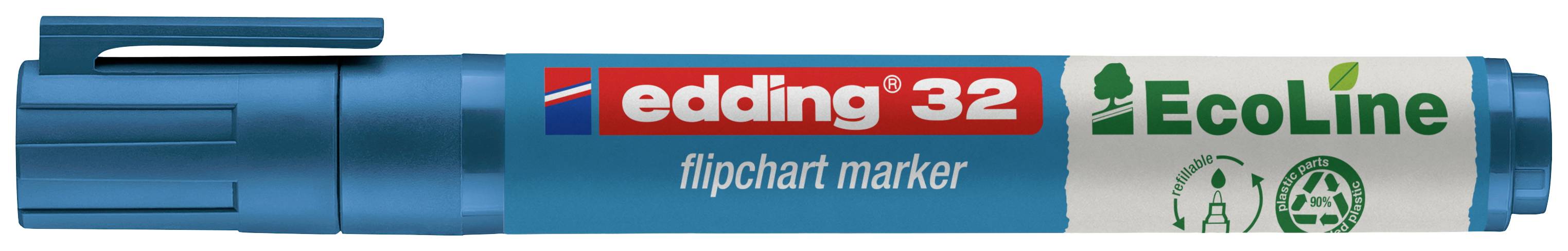 Niebieski marker suchościeralny marki 'edding 32' z serii EcoLine, o przyjaznym środowisku designie.