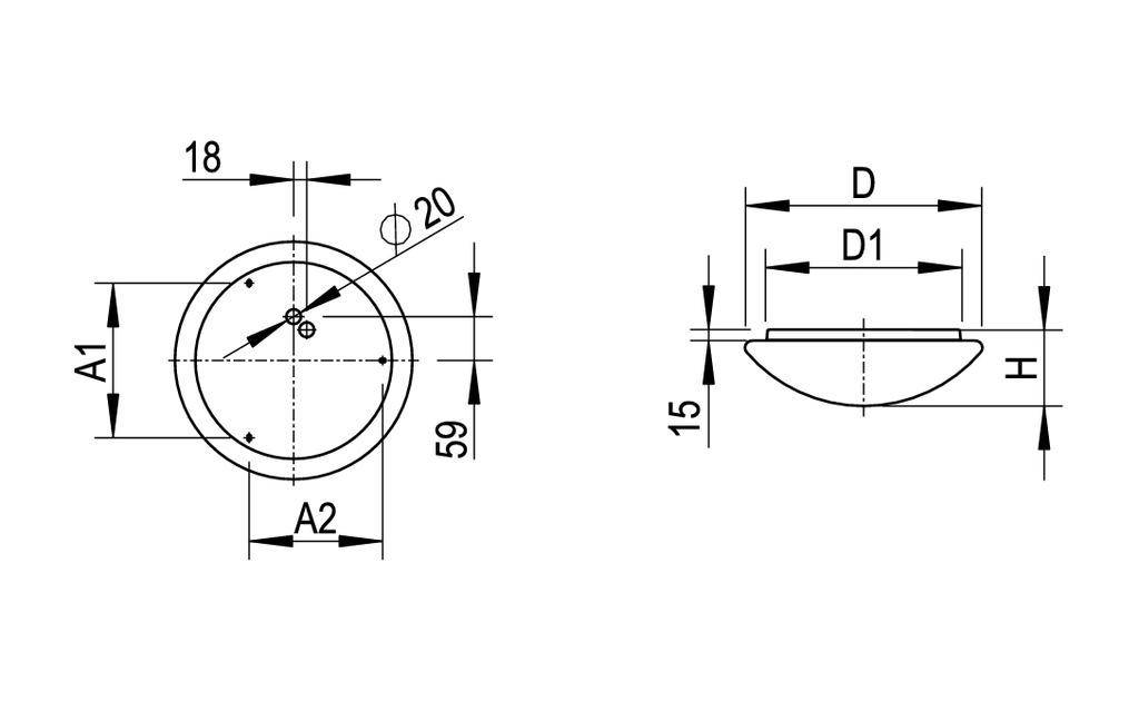 Diagram przedstawia rysunek techniczny okrągłego zlewu z wymiarami: średnica 20 cm, wysokość 15 cm, z widocznymi szczegółami bocznymi.