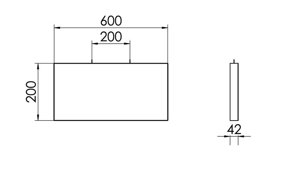 Rysunek techniczny prostokątnego elementu o wymiarach 600x200 mm w widoku czołowym oraz 42 mm głębokości w widoku bocznym.