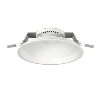 Biała, okrągła wpuszczana lampa sufitowa LED z metalowymi zaciskami po bokach.