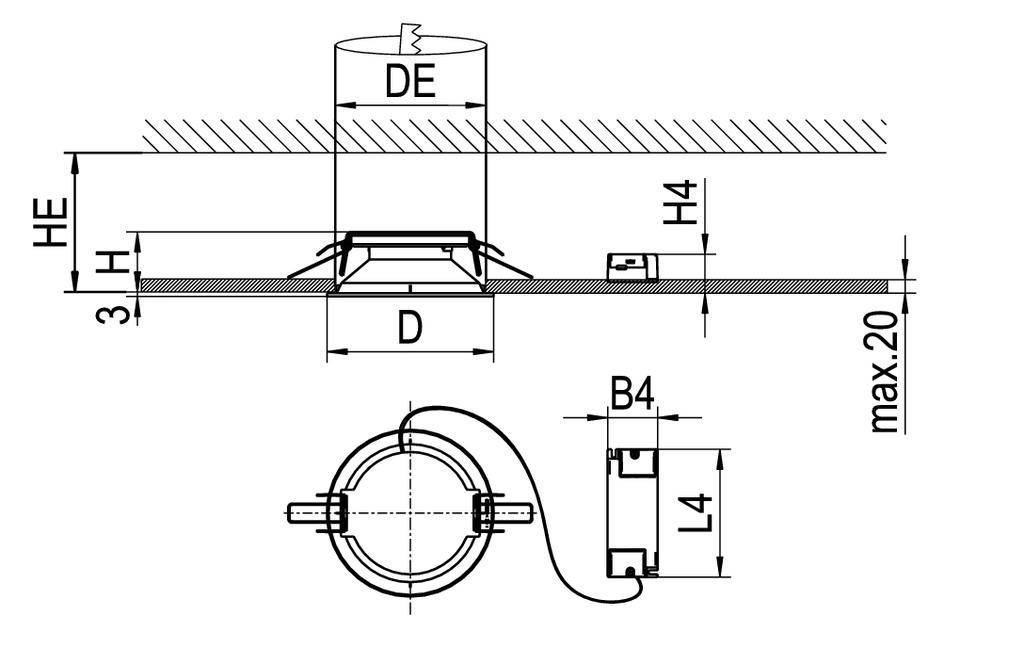Rysunek techniczny cylindrycznego elementu zabudowy z wymiarami: otwór w suficie, wysokość, średnica, głębokość montażu. Przedstawiony w widoku z góry i z boku.