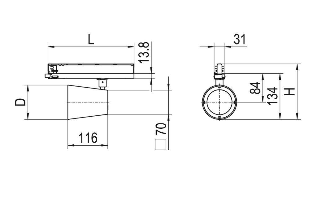 Rysunek techniczny emittera z wymiarami: całkowita długość 134 mm, średnica 70 mm, wysokość 84 mm, głębokość 116 mm.