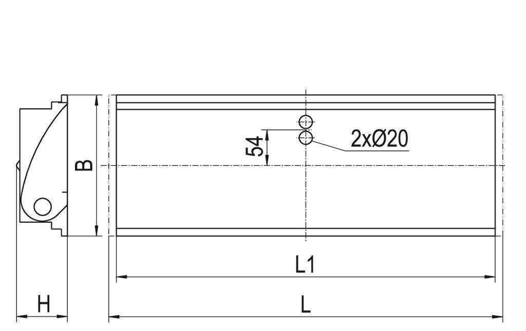 Rysunek techniczny elementu cylindrycznego z wymiarami L, L1, B, H oraz otworami 2xØ20 w odległości 54.