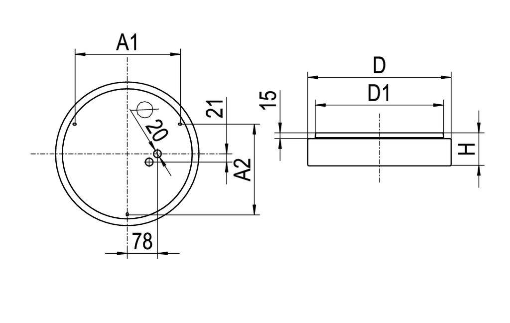 Rysunek techniczny okrągłej tarczy o średnicach 78 mm i 20 mm, wysokości H oraz pozostałymi wymiarami A1, A2, D, D1.