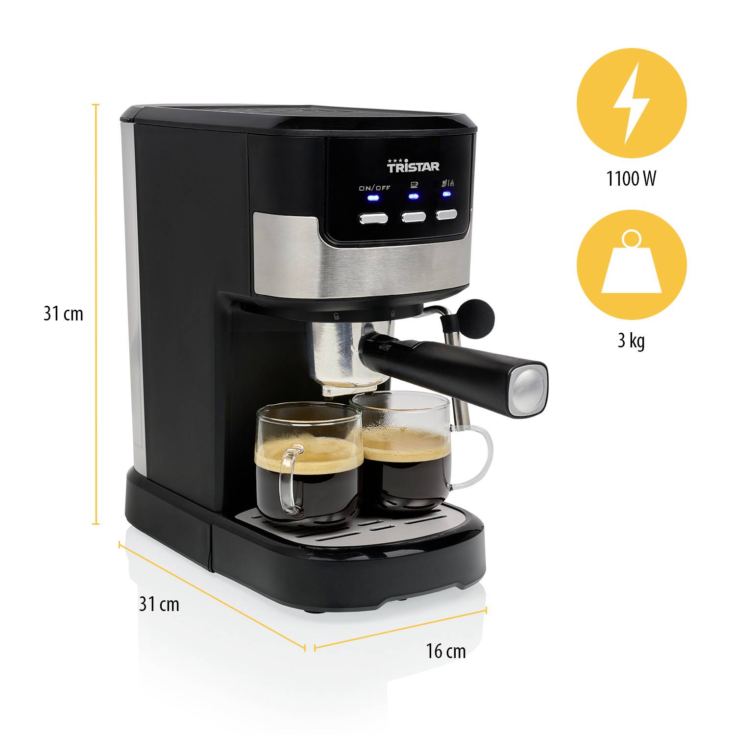 'Ekspres do espresso, 1100 W, 3 kg. Czarny z srebrnymi detalami, dwie szklanki do espresso poniżej. Wymiary: 31 cm wysokości, 31 cm głębokości, 16 cm szerokości.'