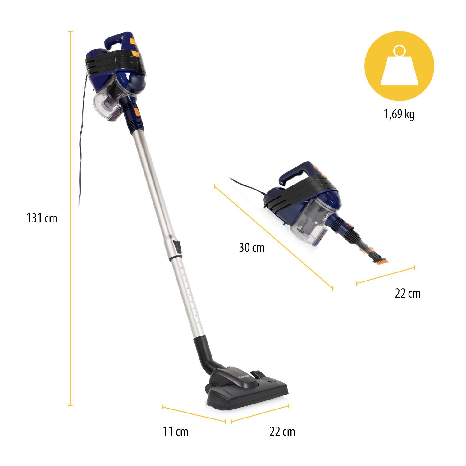 Bezprzewodowy odkurzacz z niebieską obudową, długości 131 cm. Widok z boku przedstawia ręczny odkurzacz, długości 30 cm, o wadze 1,69 kg. Idealny do użytku domowego.