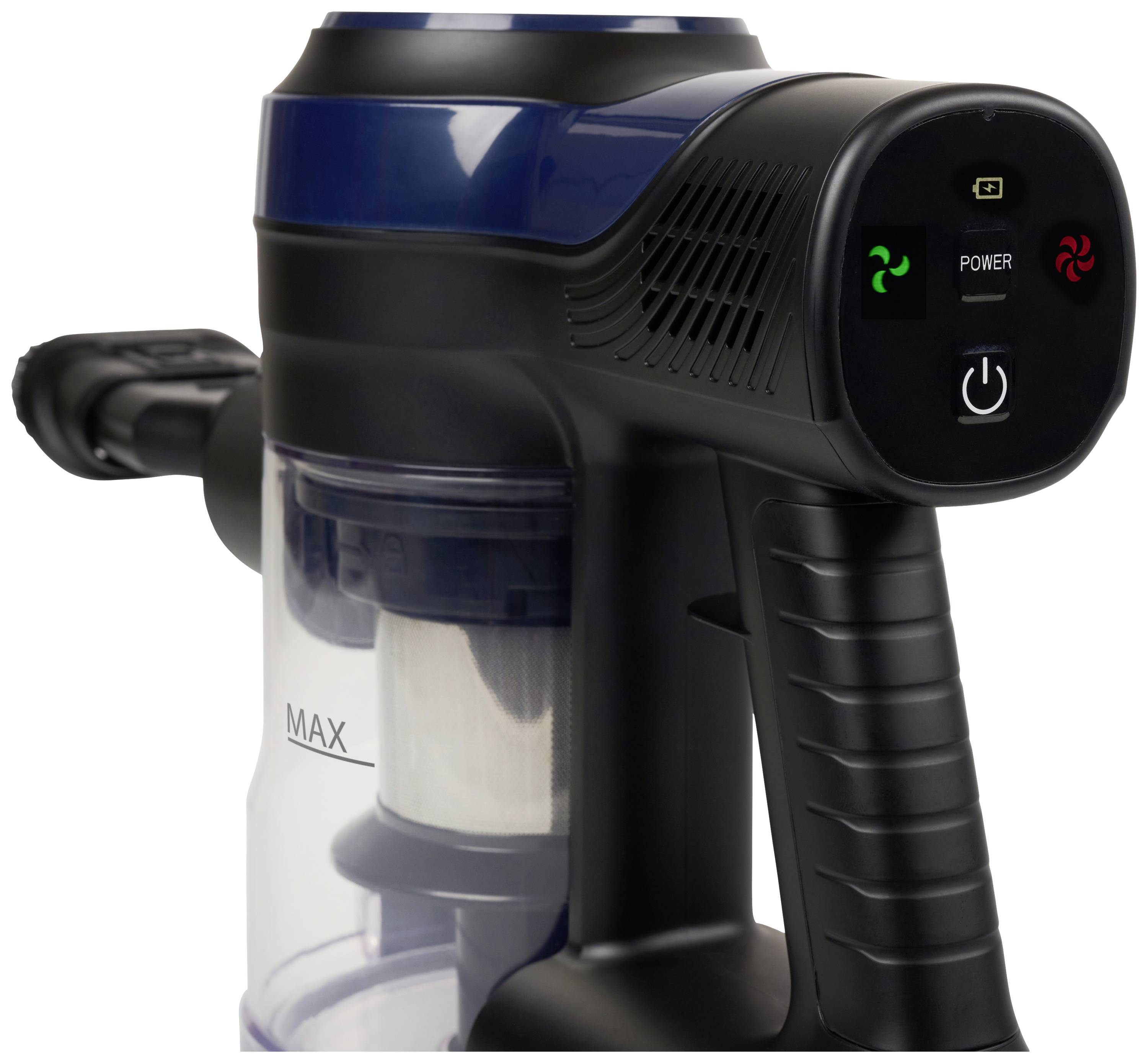 Bezprzewodowy odkurzacz z ergonomicznym uchwytem, przezroczystym zbiornikiem na kurz, wyświetlaczem cyfrowym i przyciskami sterującymi na górnej powierzchni.