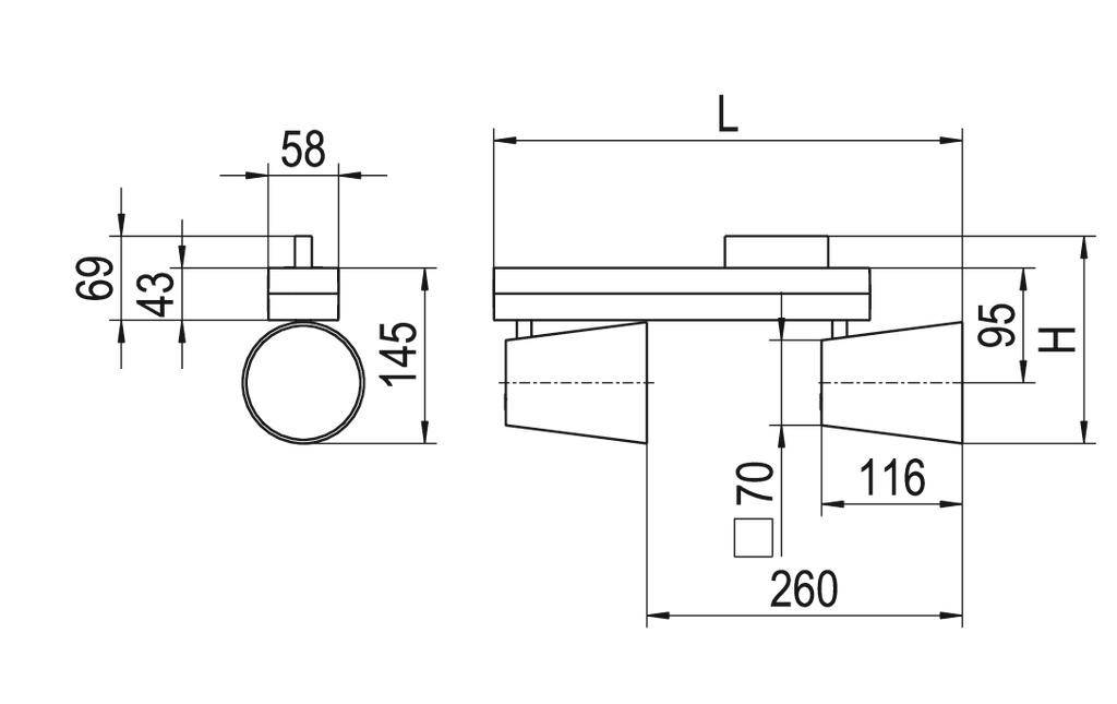 Rysunek techniczny systemu rurowego z wymiarami w milimetrach. Najważniejsze wymiary: 260 mm długości, 145 mm średnicy, 116 mm wysokości.