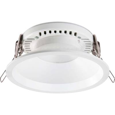 Biała, okrągła lampa sufitowa LED z metalowymi zaciskami montażowymi, przeznaczona do instalacji w podwieszanych strukturach sufitowych.