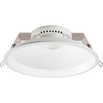 Okrągła lampa sufitowa LED z białą ramą i metalowymi mocowaniami, przeznaczona do montażu podtynkowego. Energooszczędne rozwiązanie oświetleniowe.