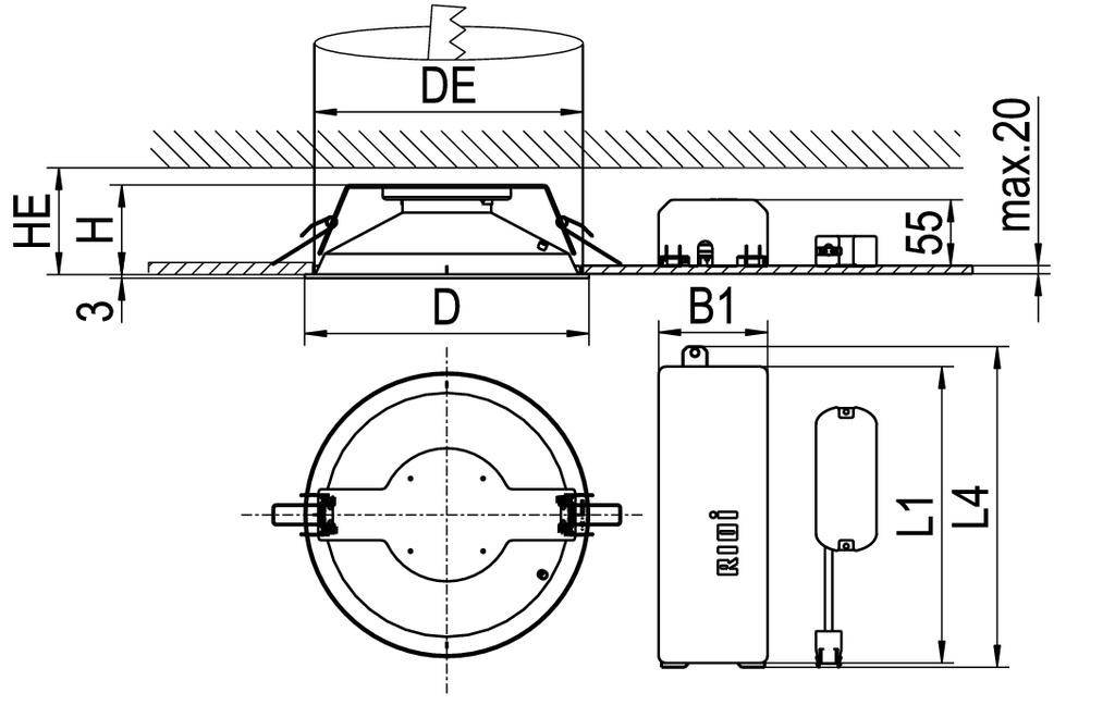 Diagram oprawy wpuszczanej: przedstawia wymiary i pozycje do montażu sufitowego, w tym średnicę (D), głębokość zabudowy (HE) oraz odległość (B1).