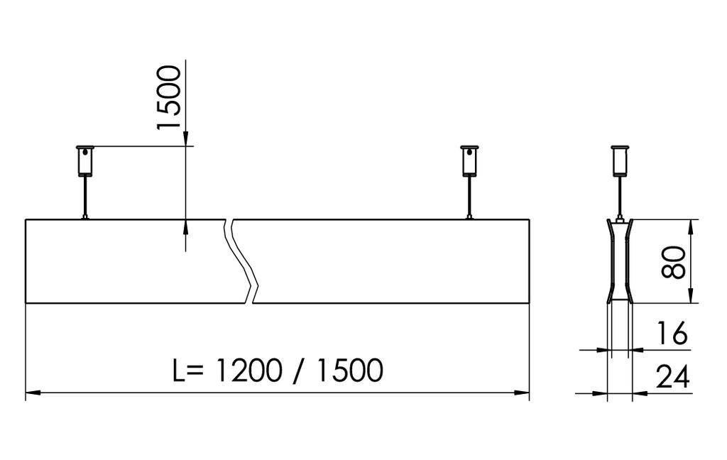 Rysunek techniczny prostokątnego elementu. Wymiary: długość 1200/1500 mm, wysokość 80 mm. Dwa systemy zawieszenia na górze, widok z przodu i z boku.