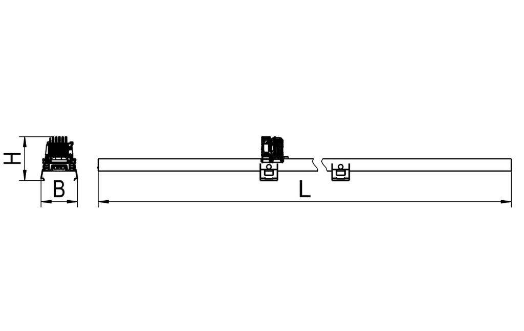 Boczny techniczny rysunek długiego belki z wymiarami: wysokość (H), szerokość (B), długość (L) oraz dwoma zaznaczonymi punktami.