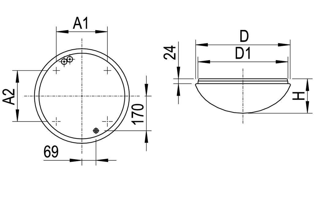 Rysunek techniczny okrągłej pokrywy z wymiarami: średnica 170 mm, wysokość 24 mm, otwór 69 mm. Widok z boku i z góry.
