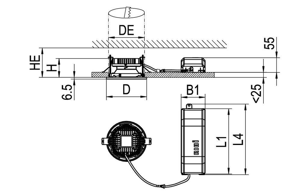 Rysunek techniczny okrągłej lampy wpuszczanej z wymiarami: średnica (DE), wysokość (H), głębokość montażu (HE), długość (L1, L4) oraz pozostałymi elementami składowymi.
