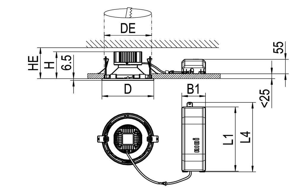 Rysunek techniczny podtynkowego grzejnika sufitowego z wymiarami: średnica, wysokość, szerokość montażowa. Widok z boku i z góry.