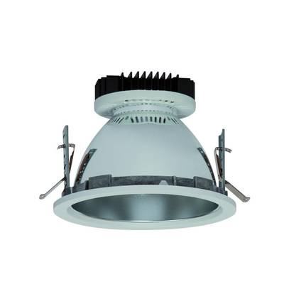 Okrągły sufitowy reflektor LED z radiatorem i uchwytami montażowymi, przeznaczony do instalacji w sufitach podwieszanych.