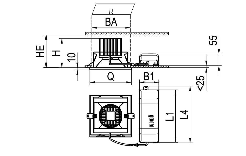 Rysunek techniczny systemu montażowego opraw oświetleniowych z wymiarami: Q, BA, B1, HE, L1, L4, H oraz 10. Przedstawia widok z boku i z przodu.