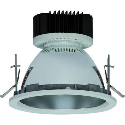 Lampa przemysłowa z okrągłą obudową, srebrnym reflektorem i czarnymi żebrami chłodzącymi. Zaprojektowana do montażu sufitowego.