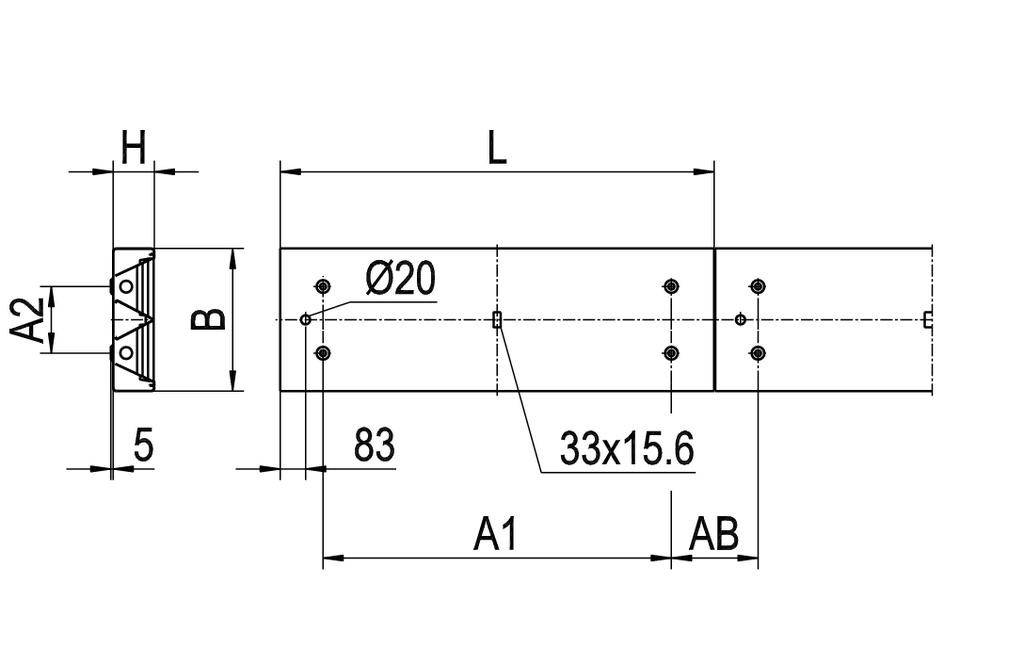 Rysunek techniczny profilu metalowego. Wymiary to A2, B, H, L, Ø20. Otwory rozmieszczone są w odległości 83 mm i oznaczone jako '33x15,6'.