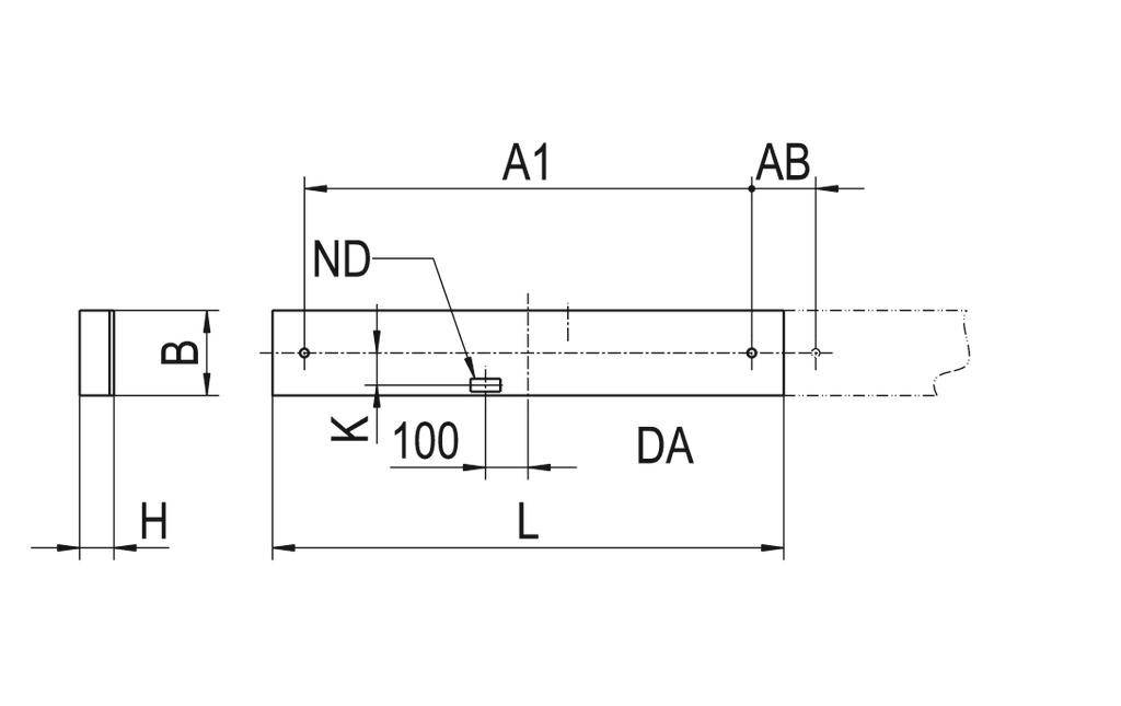 Rysunek techniczny elementu metalowego z wymiarami A1, AB, ND, K=100, L, DA; wysokość B, wysokość H. Przedstawia widok przekroju i widok z boku.