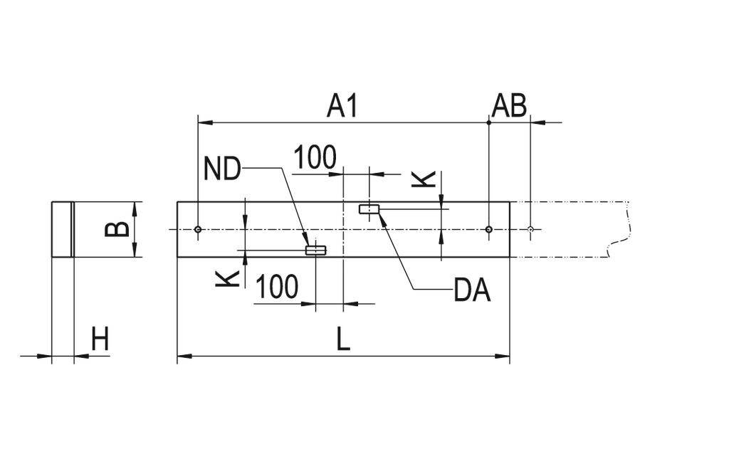 Rysunek techniczny elementu z oznaczeniami wymiarów: szerokość 'B', wysokość 'H', długość 'L', odległości '100' oraz 'K', 'DA', 'ND' oznaczone.