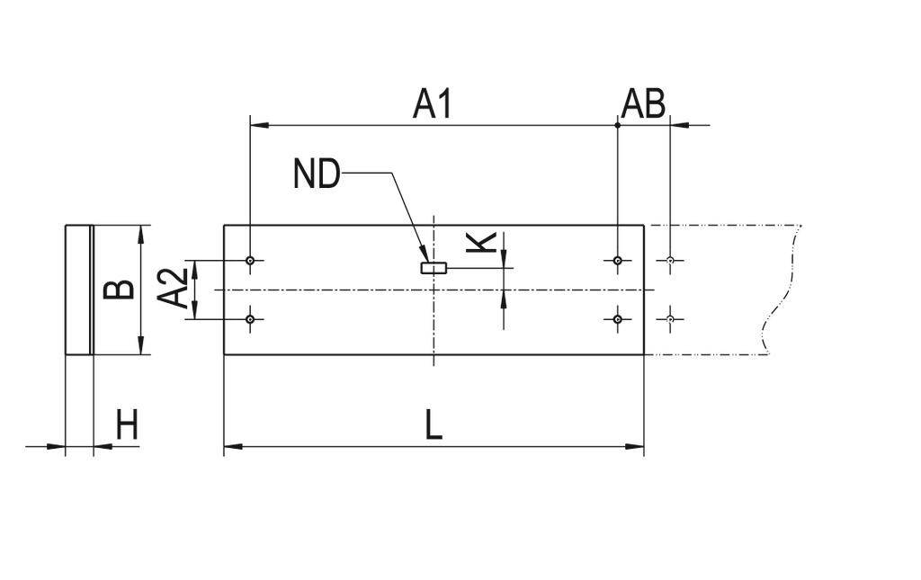 Rysunek techniczny elementu z oznaczeniami wymiarów A1, A2, B, H, L oraz ND. Linie wskazują otwory i K-córkę.