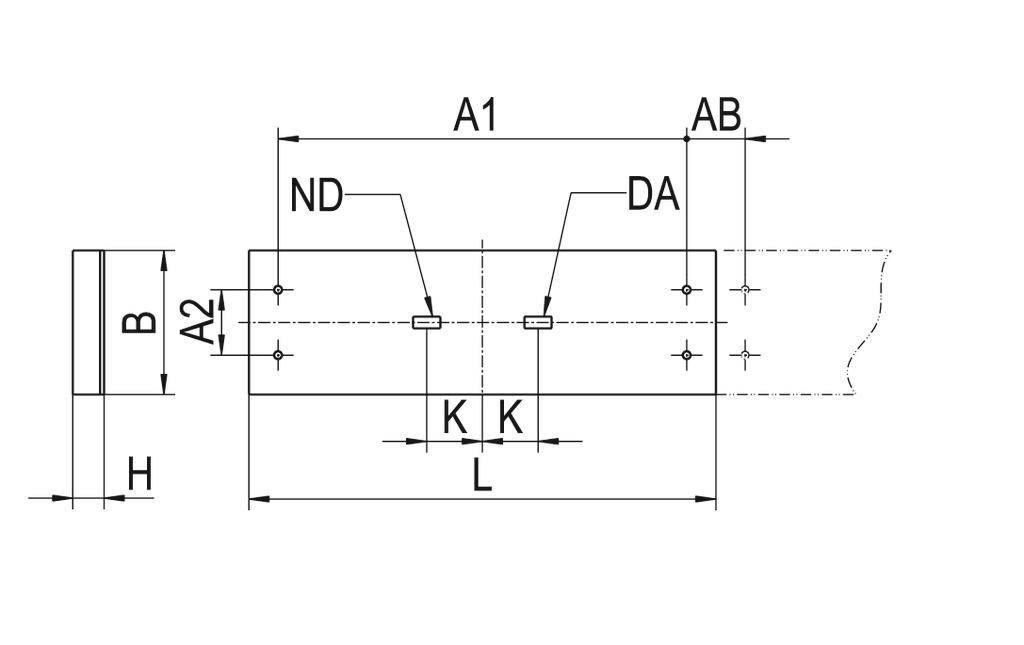 Rysunek techniczny prostokątnego obiektu z zaznaczonymi wymiarami i oznaczeniami: A1, A2, AB, B, ND, DA, H, K, L.