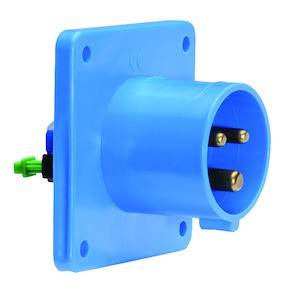 Niebieski, prostokątny złącz elektryczny z trzema złotymi stykami jest zamontowany na płycie ściennej.