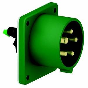Zielone elektryczne gniazdo wtykowe z wieloma stykami metalowymi, zamontowane na prostokątnym kołnierzu do zastosowań przemysłowych.